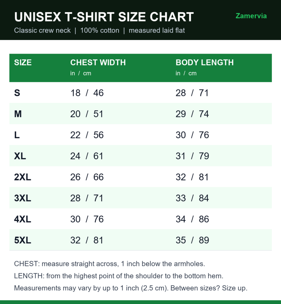 Unisex T-shirt size chart